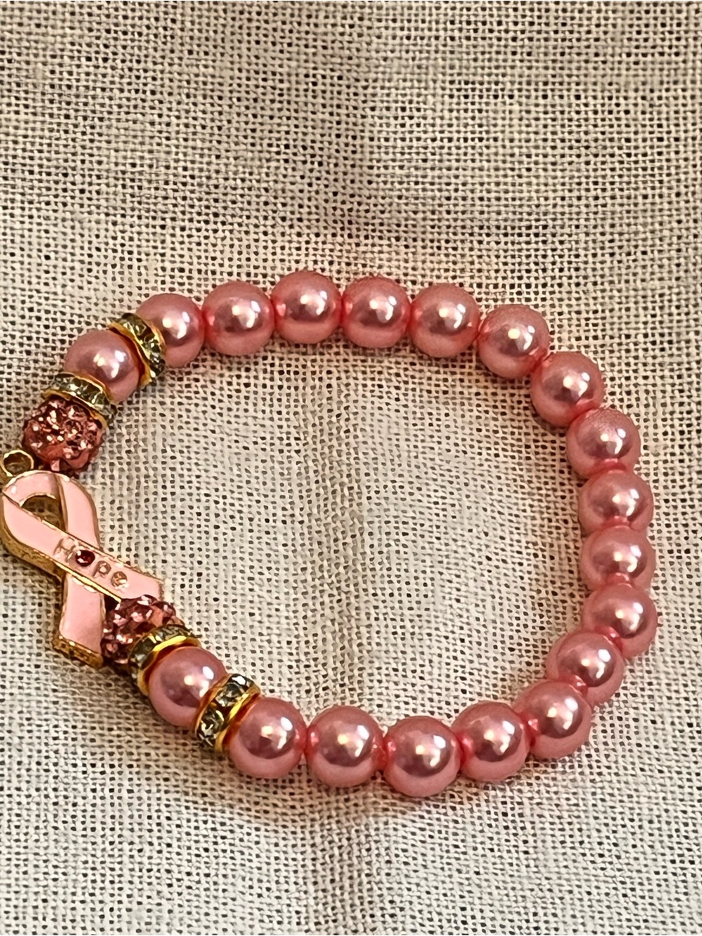 Pink Pearl Beaded Breast Cancer Awareness Ribbon Bracelet